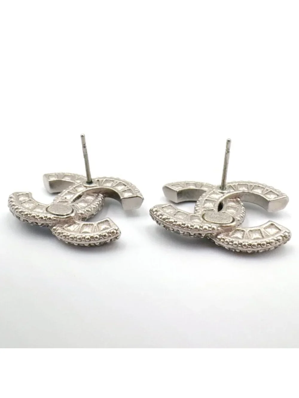 Chanel CC Logo Metal Rhinestone Color Stone Silver Black Earrings